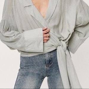Nasty Gal Oversized Linen Look Wrap Tie Front Shirt NWT Size:4 Colour: Sage